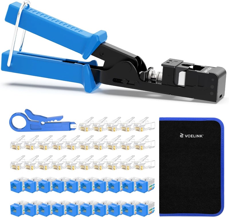 VCELINK Speed Termination Tool for VCE 90-Degree Keystone Jacks Punch Down Network Tool Kit with 20-Pack CAT6 Keystone Jacks UL-Listed Blue, 25-Pack RJ45 Connectors, 1-Pack Mini Wire Stripper - Image 1